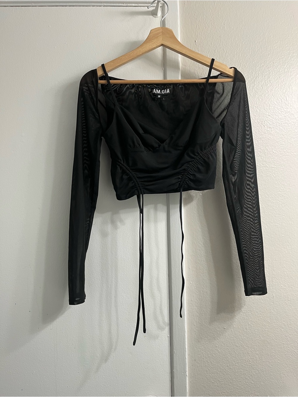 Black Mesh Long Sleeve Ruched Crop Top